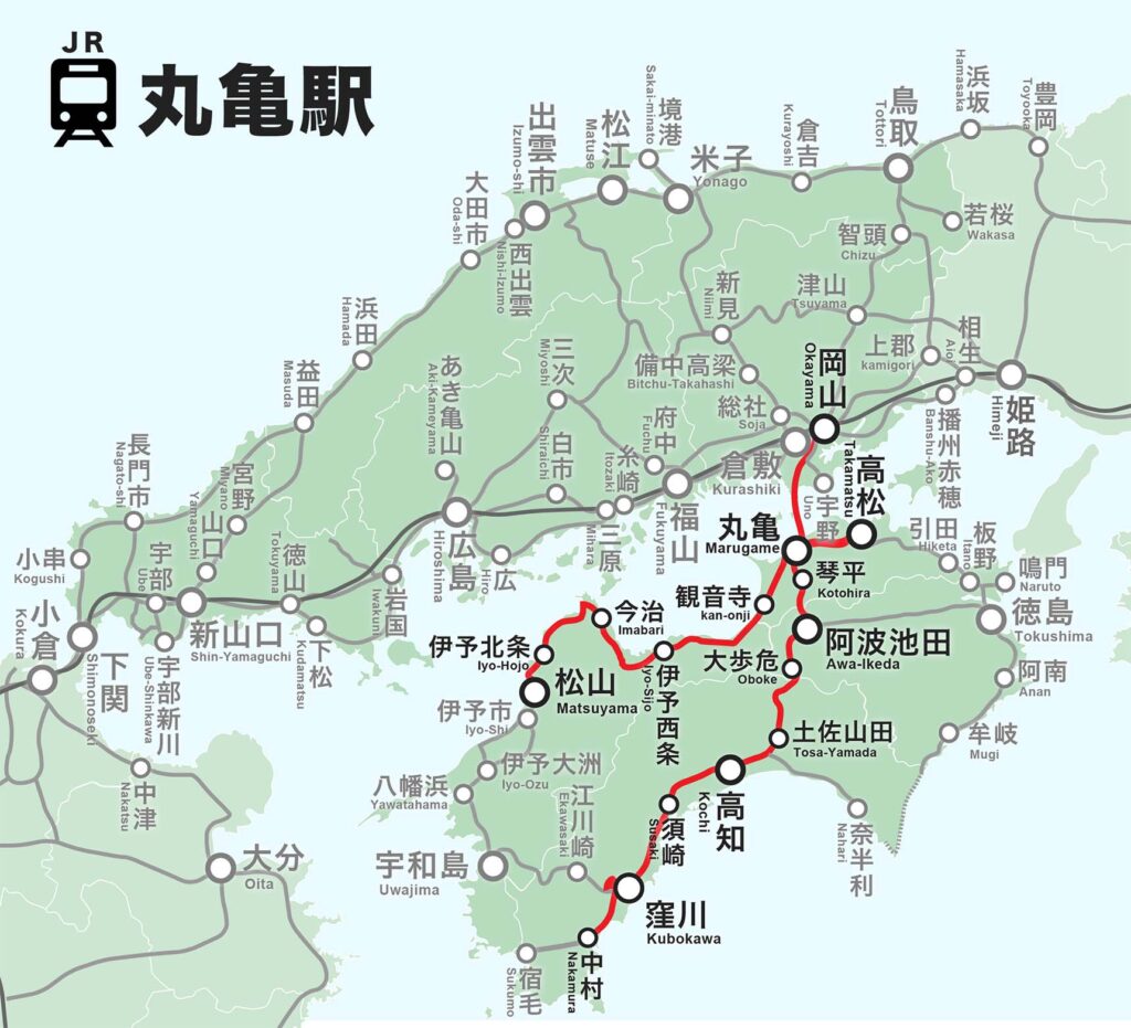 丸亀駅発の鉄道路線図