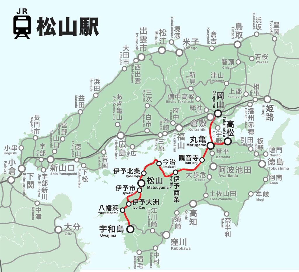 松山駅発の鉄道路線図